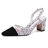MICIFA Slingback Heels for Women，Round Closed Toe High Heels Block Chunky Ankle Strap Pumps Fashion Splicing Dress Shoes