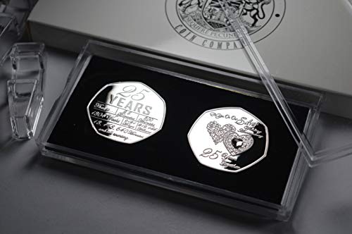 The Commemorative Coin Company 25th Wedding Anniversary Commemorative with Diamante Gemstone. Proof Silver 8g 27mm Free Standing Display Case and Presentation Box. Gift/Present