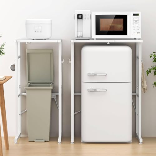 ゴミ箱上ラック レンジラック スチール 伸縮 40-60×奥行40×高さ86.5cm 耐荷重50s フック8個付 アジャスター付き レンジ台ラック 冷蔵庫上ラック (ホワイト)