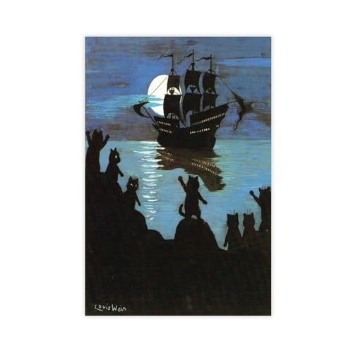 Toile de chat Louis Wain pirates sous la lune pour illuminer votre bureau paisible