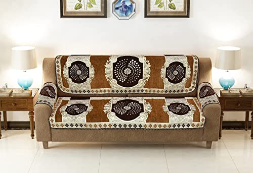 Image of SAWNA Homes 5 Seater Sofa Cover with Centre Table Mat | Chenille & Jackquard Sofa Panel 16 Pcs Set with Arm Cover 3+1+1 | 3+2 Seater Couch Cover for Living Room, Coffee