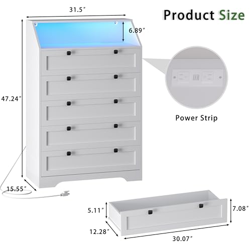 Image of Wodeer White Dresser Tall 5 Drawer Dresser for Bedroom, Wood Chest of Drawers with LED Lights, Charging Station, Metal Handles, Modern Storage Cabinet and Organizer Drawers for Living Room, Hallway