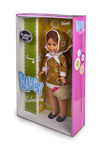 Nancy- Colección Primavera años 70, Muñeca reedición 2020 con Vestido y pañuelo a Juego Que Incluye cestito con Flores para niños y coleccionistas (Famosa 700015704)