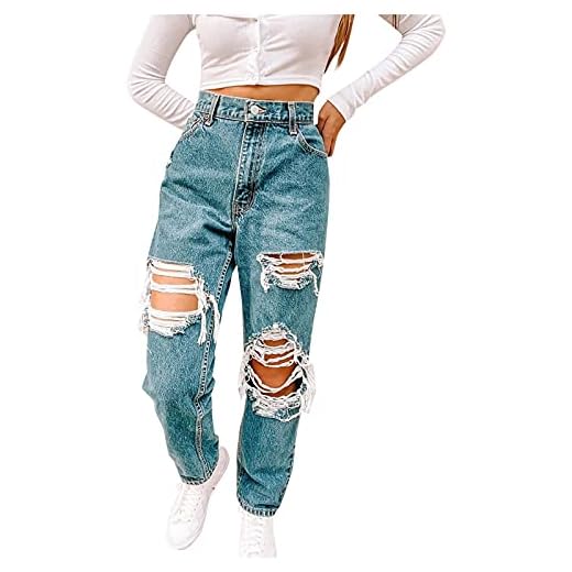 Eauptffy Dam pojkvän jeans i use look mager stretch jeans slitna trasiga med hål jeans hög midja byxor kortbyxor smal passform tubjeans basic denim byxor för kvinnor tonåringar, blå, M