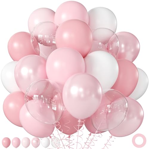 Pearl Pink Balloons 60Pcs 12Inch Pink and White Balloons Including Double Stuffed Pink Pastel Macaron Light Pink White Clear Balloons for Wedding Bridal Shower Baby Shower Birthday Party Decorations