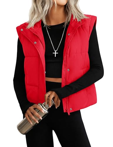 YUCOLEN Womens Puffer Vest Sleeveless Lightweight Cropped Zip Up Vest Fall Winter Fashion Warm Coat Outerwear Red XL
