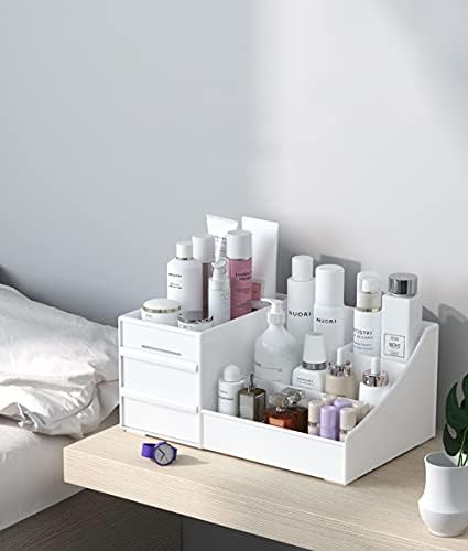 Queta White Makeup Organizer, Acrylic Makeup Organizer, Fits Jewelry, Brushes, Lipsticks and Creams, Cosmetic Storage with 7 Grid Capacity
