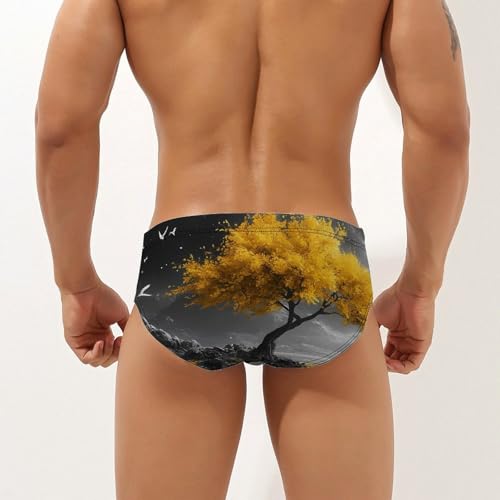 Yellow Tree Boat Printed Swim Briefs for Men Sexy Bikini Swimwear Elastic Beach Trunks Bathing Suit3
