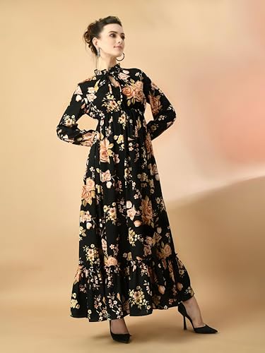 Image of KZULLY | Floral Printed Maxi Dresses for Women | Long Sleeve Beautiful Floral Patterns | Stylish and Elegant Dress | Tie Neck