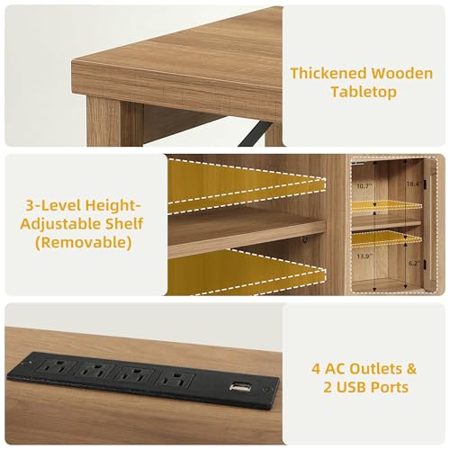 DWVO Farmhouse TV Stand for Living Room, 35.4" Tall Rattan Entertainmenr Center w/2-door Cabinet, Rustic Wood Buffet Cabinets, Boho Media Console Table with LED Lights for 45/50/55/60 Inch TV (Oak)