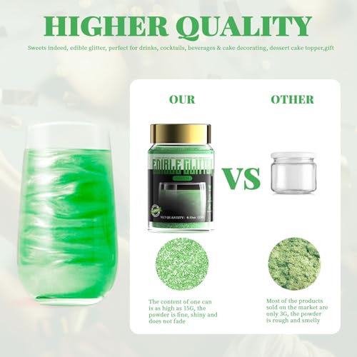 ANRZO Essbares Glitzerpulver für Getränke (Grün) – FDA-zertifiziert, Vegan Essbar Glitzer für Drinks, Cocktails, Kuchen & Mehr – Trinkbares & Geschmacksneutrales 15g