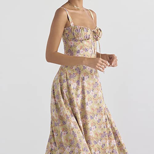 BBIQI Vestido feminino maxi floral de verão com decote quadrado sem mangas, costas nuas, sexy, casua