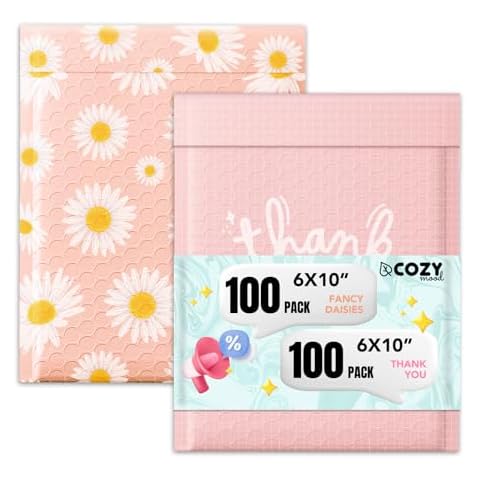 Cozymood Cute Bubble Mailers 6x10 Inch 100 Pack Thank you +Pretty Bubble Mailer 6x10 Inch 100 Pack Fancy Daisies Waterproof Padded Envelopes Self Seal, Cushioning for Packaging, Shipping, Mailing Cover