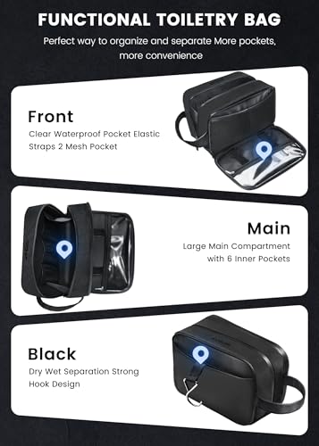 Toiletry Bag for Men, Travel Toiletry Organizer Hanging Dopp Kit, Water-Resistant Shaving Bag for Traveling Toiletries Accessories, Waterproof Mens Toiletry Travel Bag with 11 Compartments, Metal Hook3