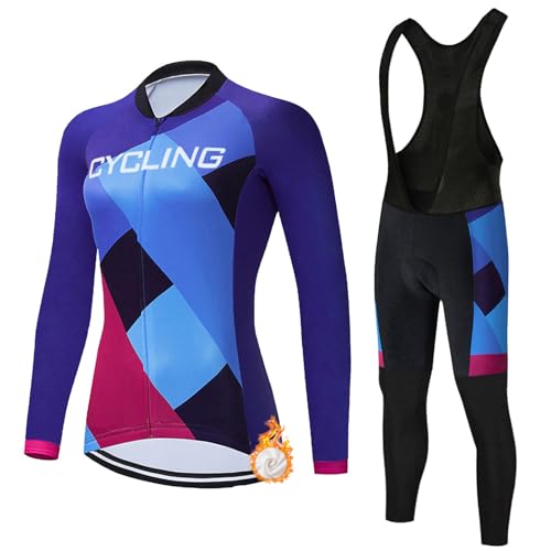 Maillot Ciclismo Mujer Invierno Ropa Bici MTB Conjunto Ciclista Polar Térmico,Traje Bicicleta Chaquetas Ciclo Manga Larga y Pantalones Tirantes con 19D Gel Acolchado,Completa de BTT Jerseys|12,M