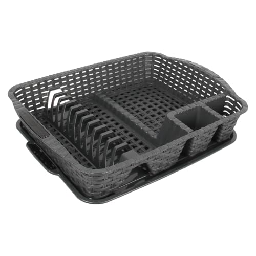 Jolie Max Dish Drainer Rack with Drip Tray - Rattan Style Plastic Plate and Cutlery Holder, Silver - Ideal for Kitchen Counter Organization (Antrasit)