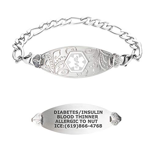 Divoti Custom Engraved Medical Alert Bracelets for Women, Stainless Steel Medical Bracelet, Medical ID Bracelet w/Free Engraving  Lovely Filigree Tag w/Figaro -White-7.5