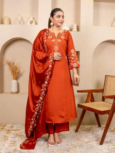 Image of VredeVogel Women's Silk Blend Embroidered Anarkali Kurta with Pant & Dupatta Set | Festive & Casual Women Ethnic Kurta Set for Women