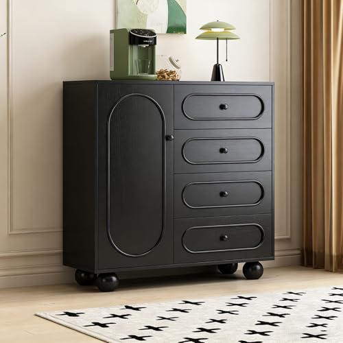 Aparador Vintage francés con Puerta arqueada, Vitrina a Prueba de Polvo, gabinete de Almacenamiento Escalonado con Varios cajones, Unidad de Almacenamiento Multifuncional(Black,L-120CM_A)