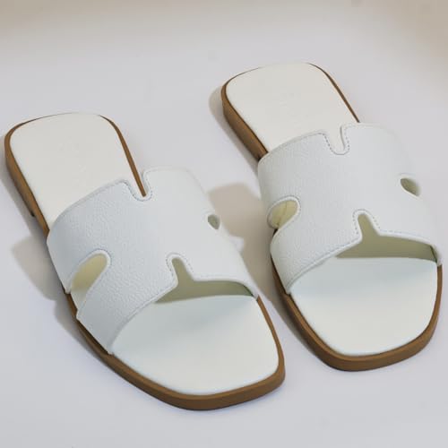 Image of Women's Flat Sandals, Ladies Leather Slippers, Comfy Dressy Slip on Shoes Elegant Slides Summer Fall Spring Cute Open Toe Casual Footwear