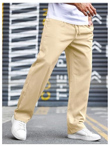 SHENHE Men's Summer Straight Leg Pants Drawstring Elastic Waist Casual Trousers with Pockets2
