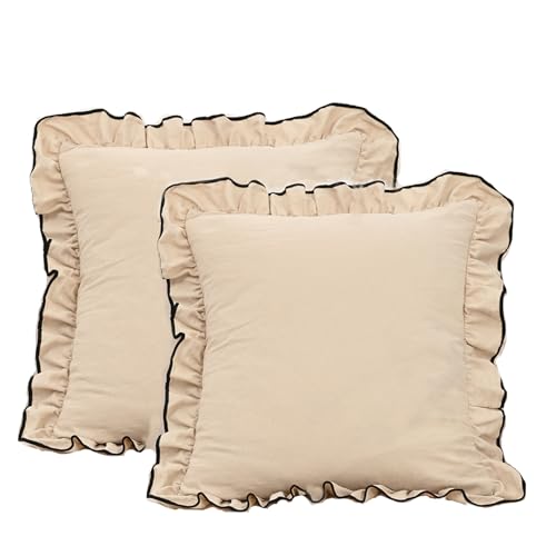 YT-KOKE 100% Cotton Ruffle Pillow Shams, 18x18 inches Square Cushion Cases with Ruffle Rustic Vintage Edge Ruffle Pillow Cover Solid Design (Beige 2)