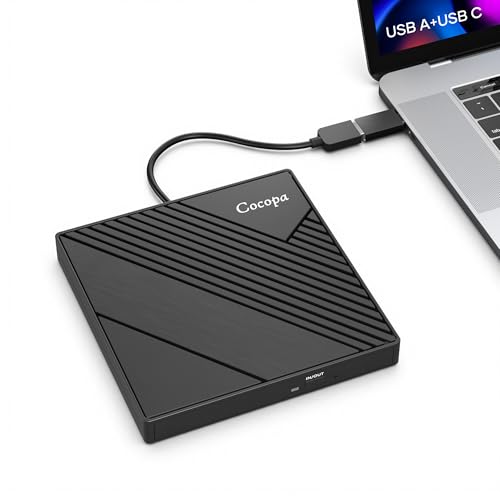Cocopa Masterizzatore CD DVD Esterno USB 3.0 USB C, Lettore DVD Esterno Unità CD Esterna +/- RW Rom Dvd-R CD-RW Ultra Slim per Laptop PC Portatile Win 11/10/8/7/XP/Vista/Linux/Mac OS Apple