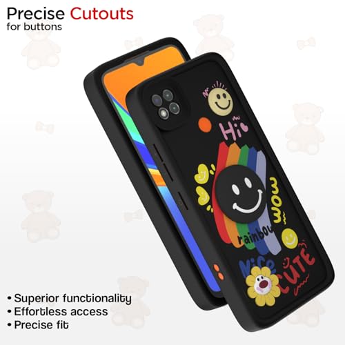 Image of Pikkme Back Cover for Mi Redmi 10A / Redmi 9 / Redmi 9C / 9 Activ /Poco C31 | Soft Silicone| Cute Rainbow Smile & 3D Cartoon Flower Design | Shockproof Raised Camera Protection Bumper Case (Black)