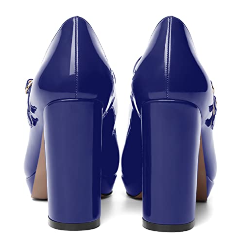 AMBELIGHT Womens Dating Platform Patent Pointed Toe Adjustable Strap Buckle Fashion Dress Chunky High Heel Pumps Shoes 4 Inch4