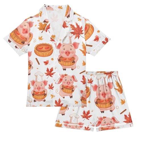 Satin Pajama Sets Short Sleeve Piggy with Autumn Leaves Button Down Silky Nightwear 2 Piece PJS 5-14Y