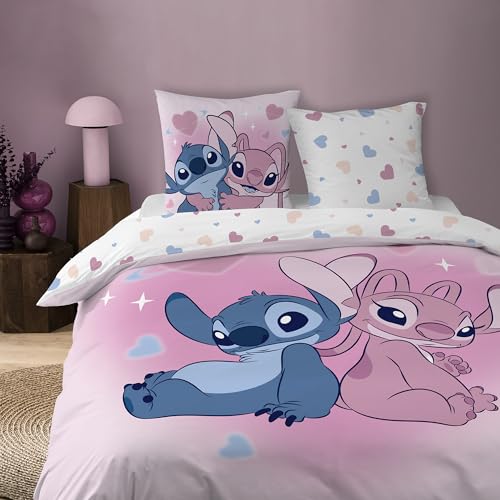 Parure de lit Disney Home Stitch Bisous | Chambre Enfant 2 Personnes | 100% Coton | Oeko-TEX | Housse de Couette 240x220 cm + 2 Taies d'oreiller 63x63 cm |...