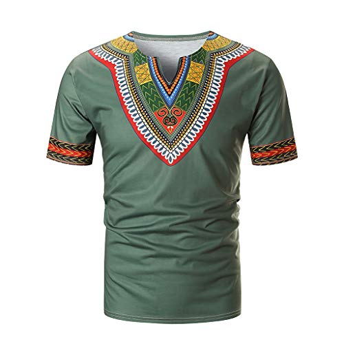 KUDICO Mens Irregular Tops T-Shirts Fashion Stitching Ethnic Style Printed V-Neck Short Sleeve Tee T Shirt for Men(Army Green,XL)