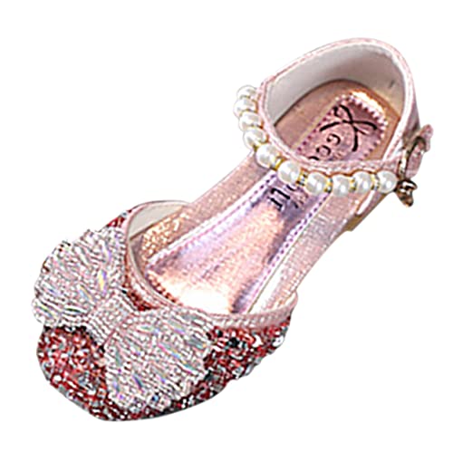 Princess Shoes for Kids Fashion Summer Girls Sandals Dress Performance Dance Shoes Shiny Rhinestone Sequin Bow Pearl (Pink-a, 29)