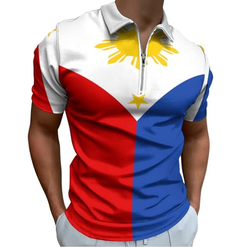 Philippines Flag Mens Zip Short Sleeve Polo Shirts Classic