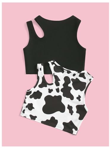 Milumia Girl 2 Pack Tank Tops Cow Print Cut Out Round Neck Sleeveless Crop Tops2