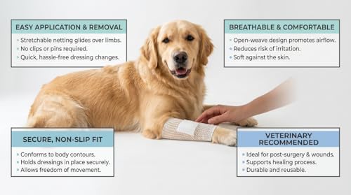 Image of Tubular Stretch Net Bandage for Dogs, Cats & Horses | Elastic Pet Wound Dressing Retainer Mesh | No Tape Needed Breathable Vet Wrap Support |Size 4, 2.7cm x 25m Roll | White (Pack of 1)