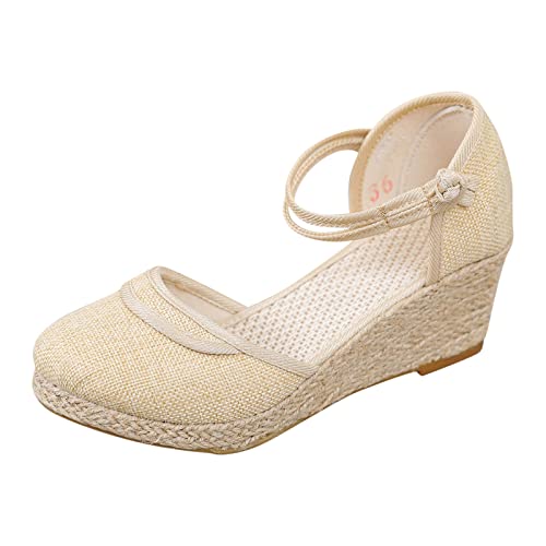 Sandals for Women's Closed Toe Elastic Ankle Strap Espadrilles Wedge Sandals Summer Casual Breathable Wedge