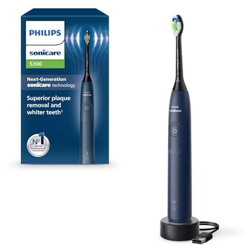 Philips Sonicare 5300 Cepillo de dientes eléctrico, cepillo de dientes sónico con 2 niveles de intensidad, alerta de presión, EasyStart, SmarTimer y BrushPacer, azul marino, modelo HX7103/01 [nueva
