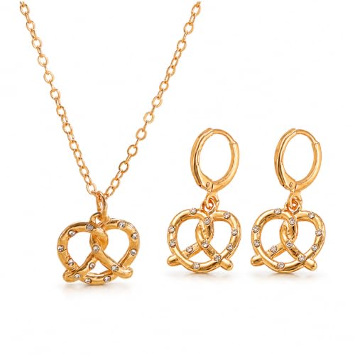 Oktoberfest Earrings For Women, Gold Pretzel Pendant Set
