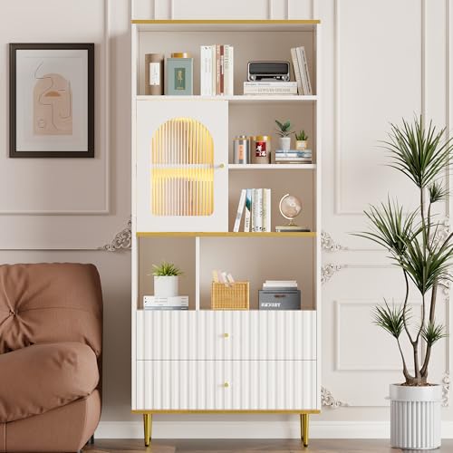 Marooma Vitrina con 5 Compartimentos Abiertos y 2 Cajones, Vitrina Salón con Iluminación Led y Fachada de Vidrio, Estantería Oficina, Estantería Flexible y Ajustable, Blanca, 78x36x190 cm