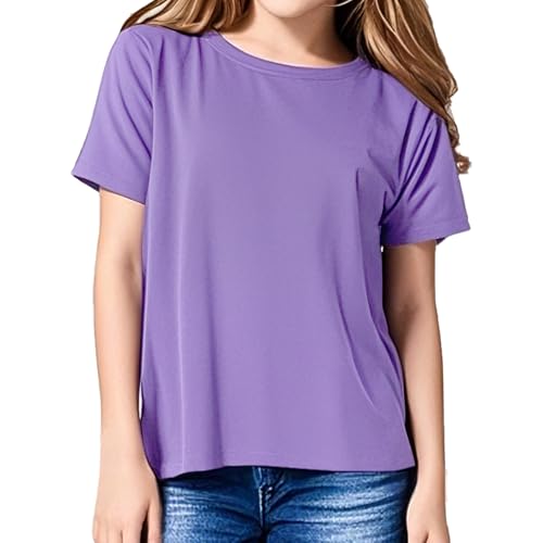 Girls Short Sleeve T Shirts Cotton Crew Neck Tops Kids Casual Tees Shirts Summer Blouse Clothes for Girls, 5-14Y(Purple)