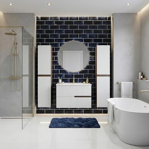 SANIVERRE EVA Meuble Simple Vasque L.100 cm à Suspendre Chêne Moka 2 Tiroirs Blanc Brillant Cannelé (sans Colonne) Salle de Bain
