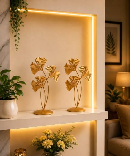 Image of (Set of 2) Iron Gold Plated 3 Leaf Shape 7.5 Inches Table Stand for Home & Living Room Decor | Metal Ginkgo Leaf Showpiece for Office, Bedroom & Shelf Decoration | Decorative Items for Home