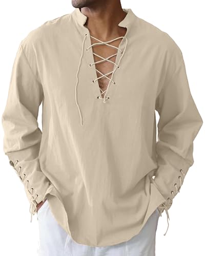 JESDM Camisa medieval para homem, fantasia viking, com atacadores, gola alta, camisa de linho, caqui, L