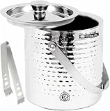 King International Stainless Steel Double Walled Hammered Insulated Silver Ice Bucket with Lid & Han