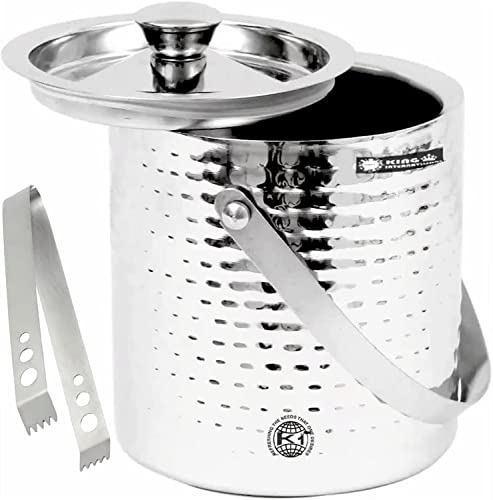 King International Stainless Steel Double Walled Hammered Insulated Silver Ice Bucket With Lid & Handle, 1.75 Ltr 84 Quarts, Ice Tong, Ice Bucket For Parties, Bar Tools For Home Bar Accessories #TOP10