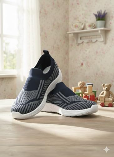 Image of Slip-On Knit Sneakers, Navy Blue, Lightweight Walking Shoes, White Sole