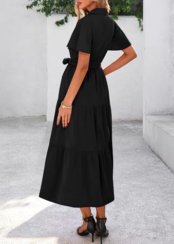 Image of KIRUNDO Summer Button Down Wedding Guest Shirt Dresses for Women Maxi Flutter Short Sleeve Flowy Tiered Beach Sun Dress