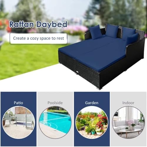 Image of BRISHI Outdoor /Pool Side /Garden /Balcony /Porch /Backyard /Terrace /Patio /Beach /Rectangular Sofa Sunbed Wicker and Rattan Daybed (Black-Blue)