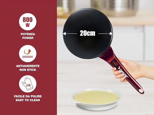 Miniatura 2 de Beper Bt.710y Crepera Eléctrica Con Mango, 800w, Placa Antiadherente, Espátula De Madera Incluida, Rojo